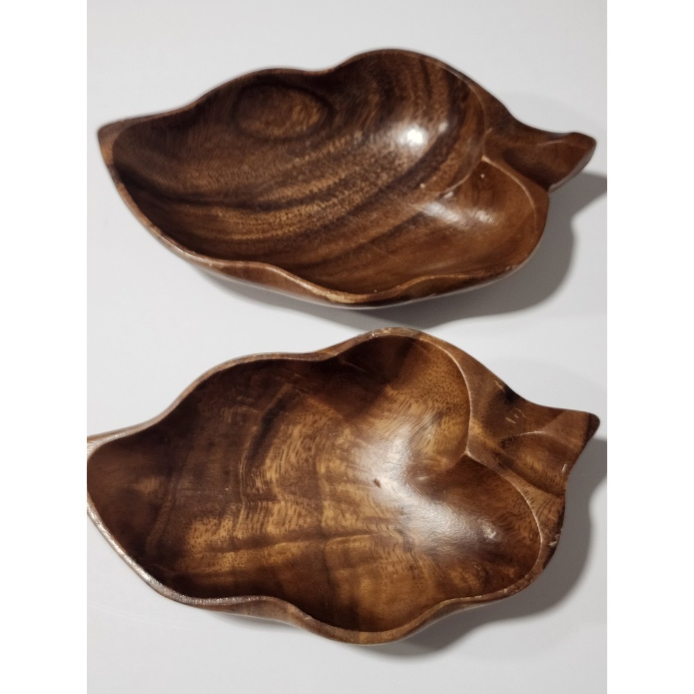 Vintage Monkey Pod Wood Leaf Bowl Set MCM Boho Phillipines Hand Carved 8 x 4 1/2